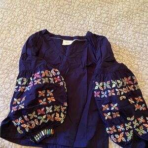 Anthropologie Navy Top with Multicolor Embroidery Maeve